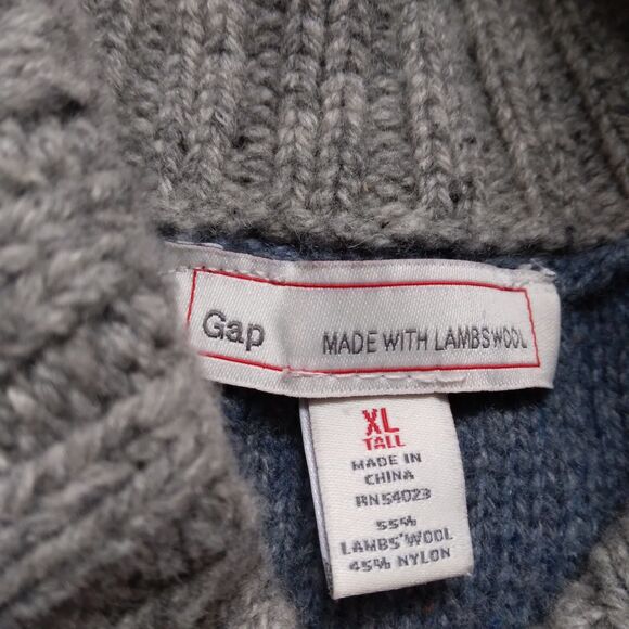 Gap Sweater Striped Lambswool Cowl Neck Gray Blue Preppy Mens Size XL Tall - Picture 7 of 11
